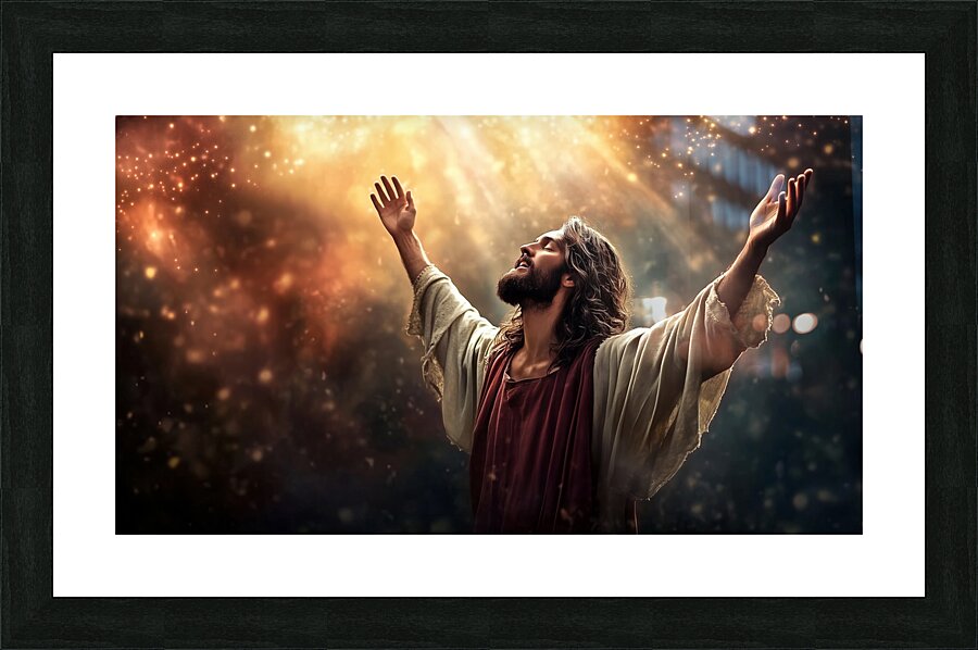 Jesus Christ evoking spirituality and awe under celestial lights Picture Frame print