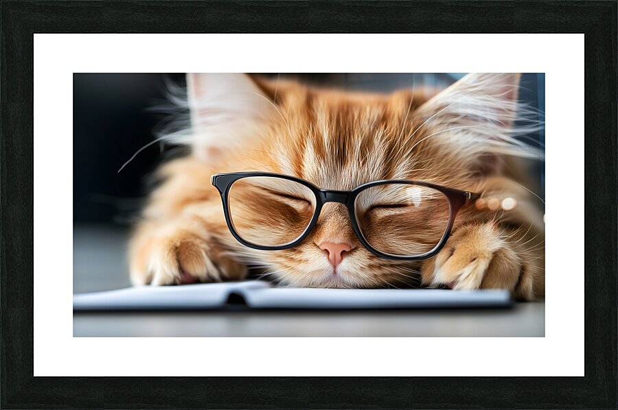 A fluffy orange cat with metal glasses frame is peacefully napping on a notebook. Its eyes are closed creating a serene atmosphere in a warm and inviting indoor space. Picture Frame print