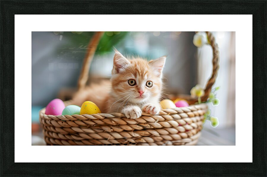 A cute kitten sits amidst Easter eggs in a basket. Picture Frame print
