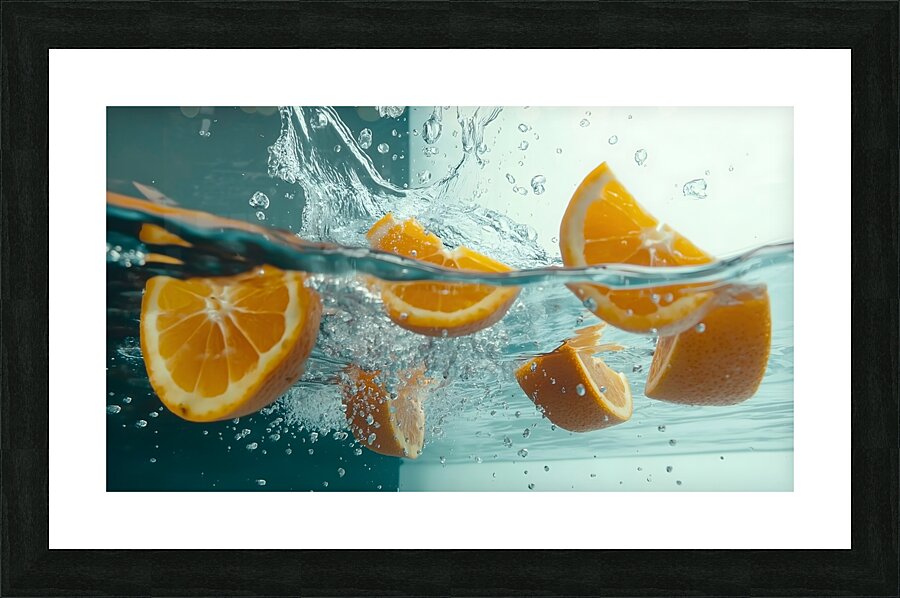Fresh orange slices drop into clear water sending splashes and bubbles around. The vibrant fruit contrasts beautifully against the transparent liquid creating an enticing visual. Picture Frame print