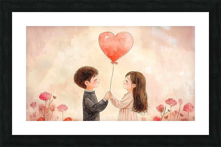 Children holding a heart balloon in a flower filled garden during a warm day Picture Frame print
