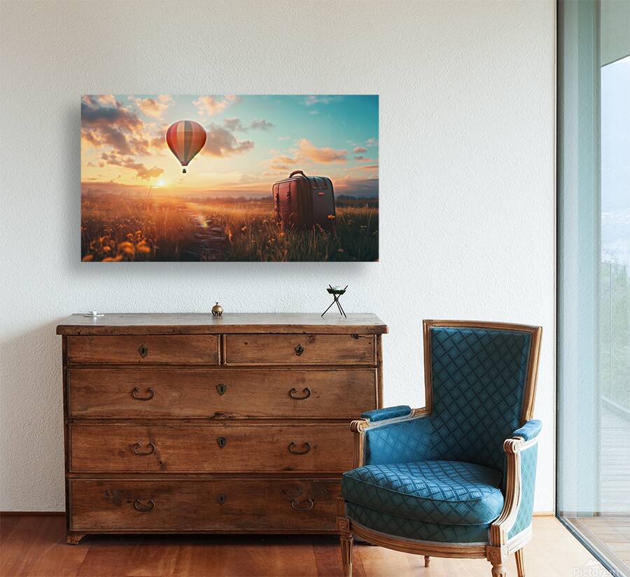 Colorful hot air balloon rises above grassy field with suitcase at sunset Reproduction