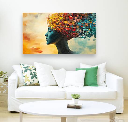 Creative expression of a woman with a floral and colorful head against a vibrant sky background during sunset Reproduction