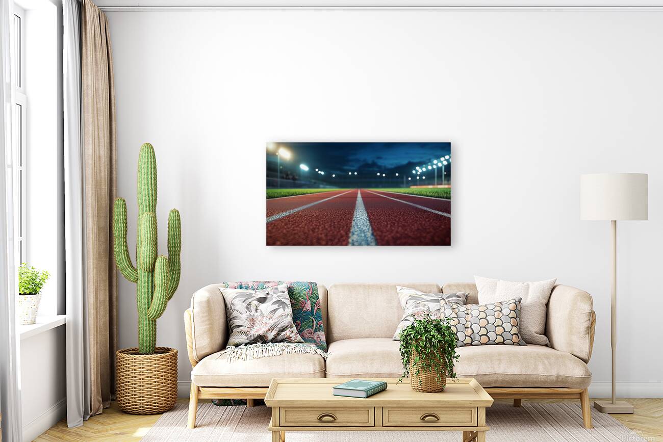 View of a well lit athletic track at night showcasing vibrant red surface and brightly illuminated surroundings Reproduction