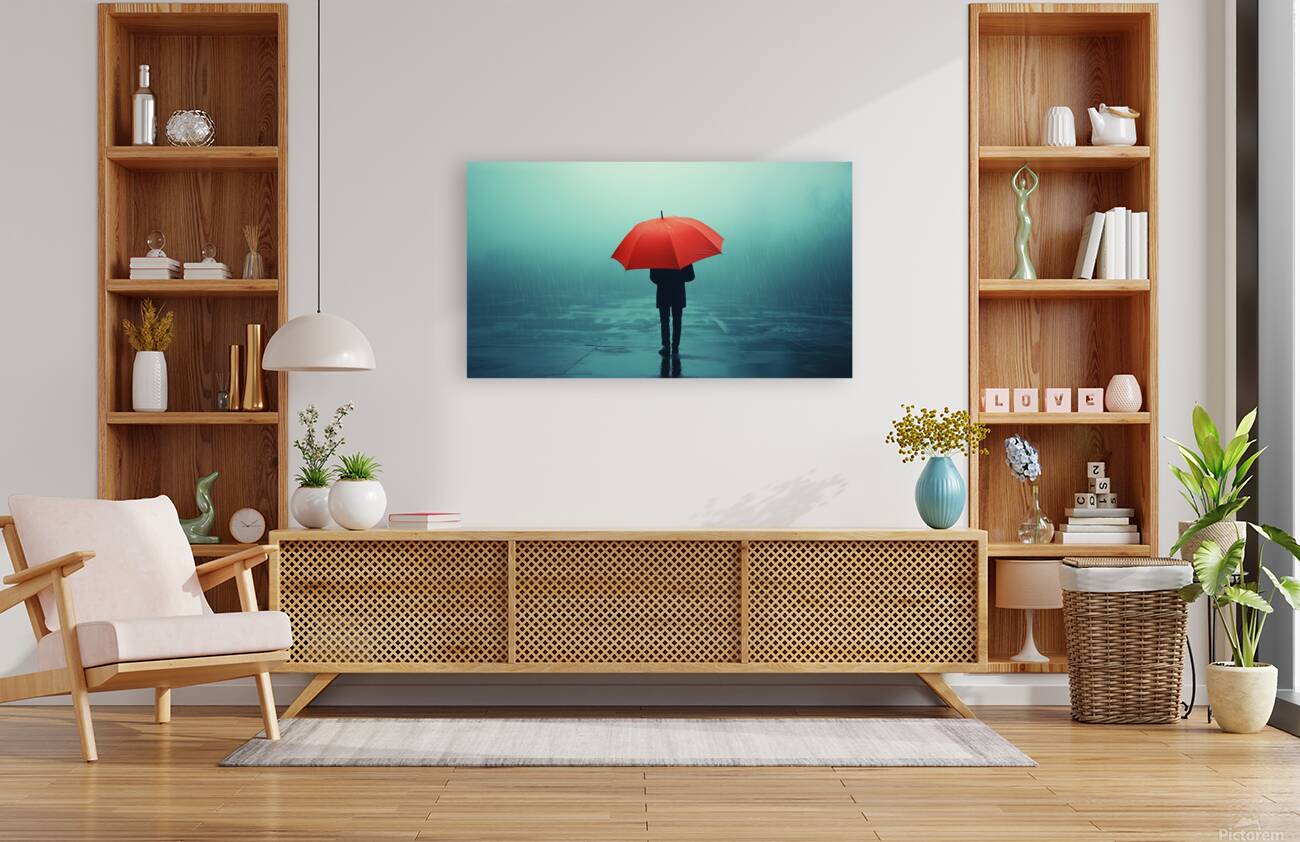 Person under a red umbrella stands alone in heavy rain on a foggy street during a gloomy day Reproduction