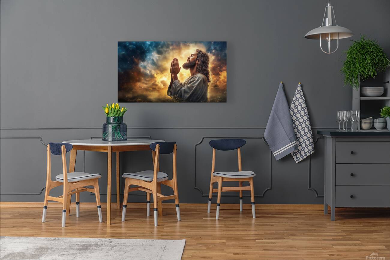 Jesus Christ in prayer with hands clasped in devotion against a dramatic sky backdrop Reproduction