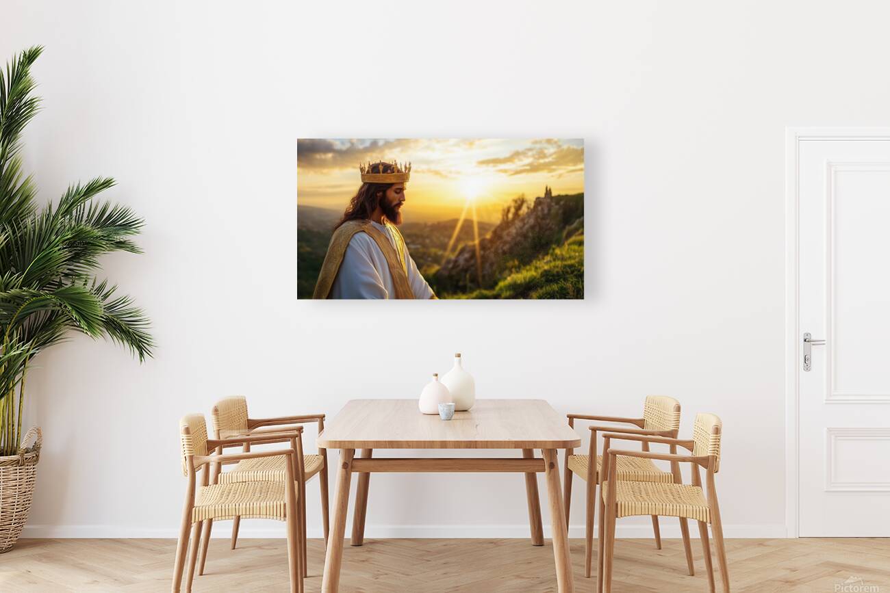 Jesus Christ in regal attire standing on a hill at sunset contemplating nature and spirituality Reproduction