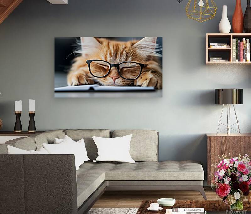 A fluffy orange cat with metal glasses frame is peacefully napping on a notebook. Its eyes are closed creating a serene atmosphere in a warm and inviting indoor space. Reproduction