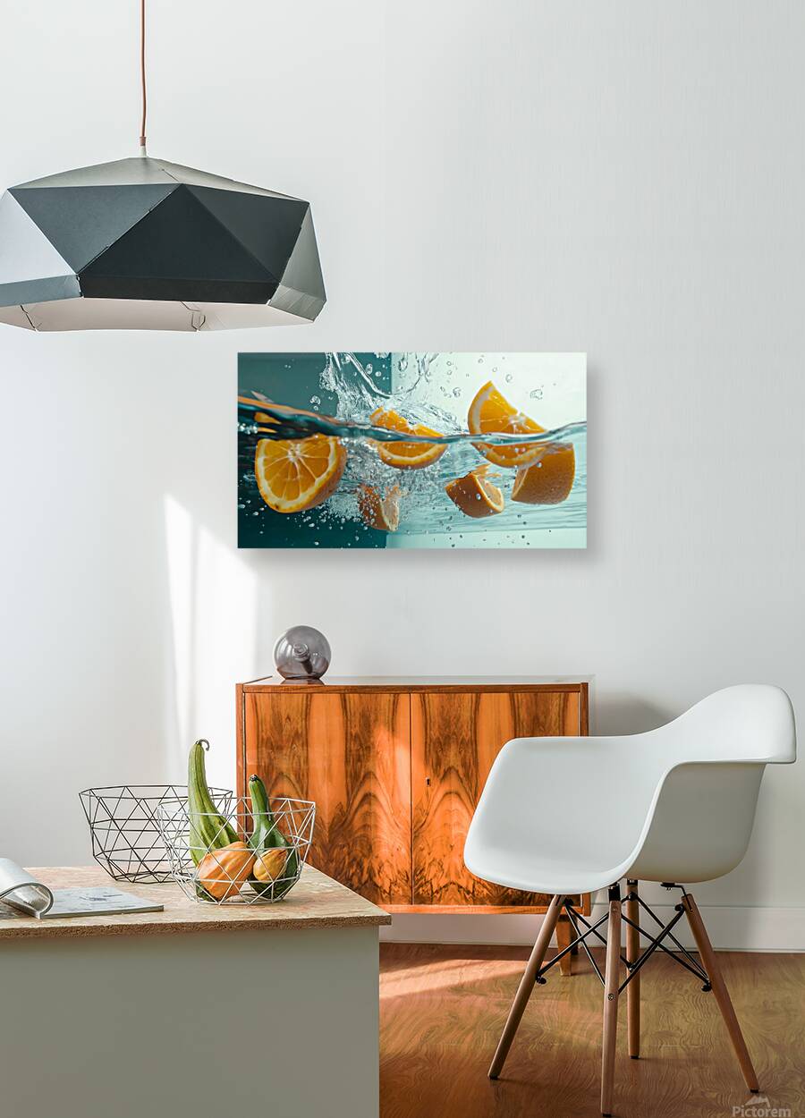 Fresh orange slices drop into clear water sending splashes and bubbles around. The vibrant fruit contrasts beautifully against the transparent liquid creating an enticing visual. Reproduction