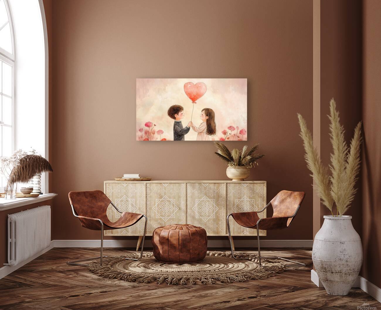 Children holding a heart balloon in a flower filled garden during a warm day Reproduction