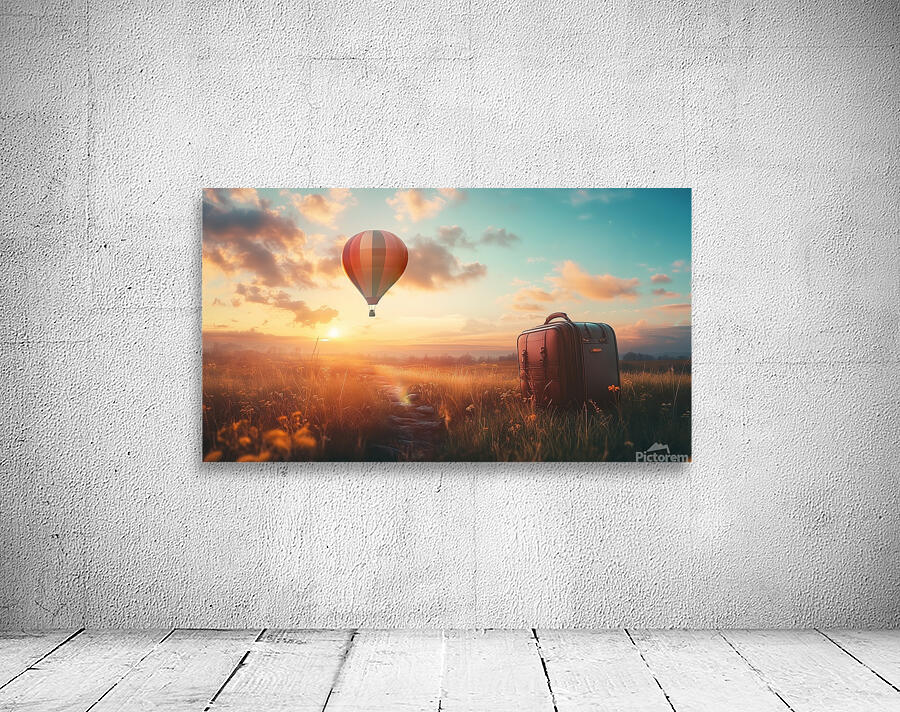 Colorful hot air balloon rises above grassy field with suitcase at sunset Wall Preview