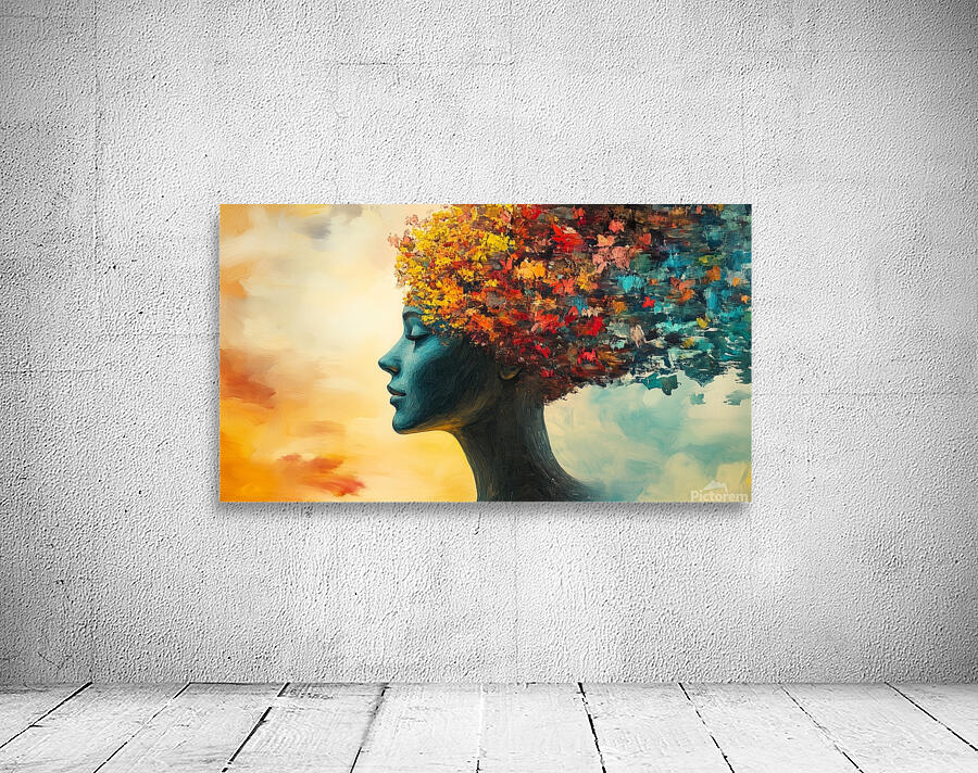 Creative expression of a woman with a floral and colorful head against a vibrant sky background during sunset Wall Preview