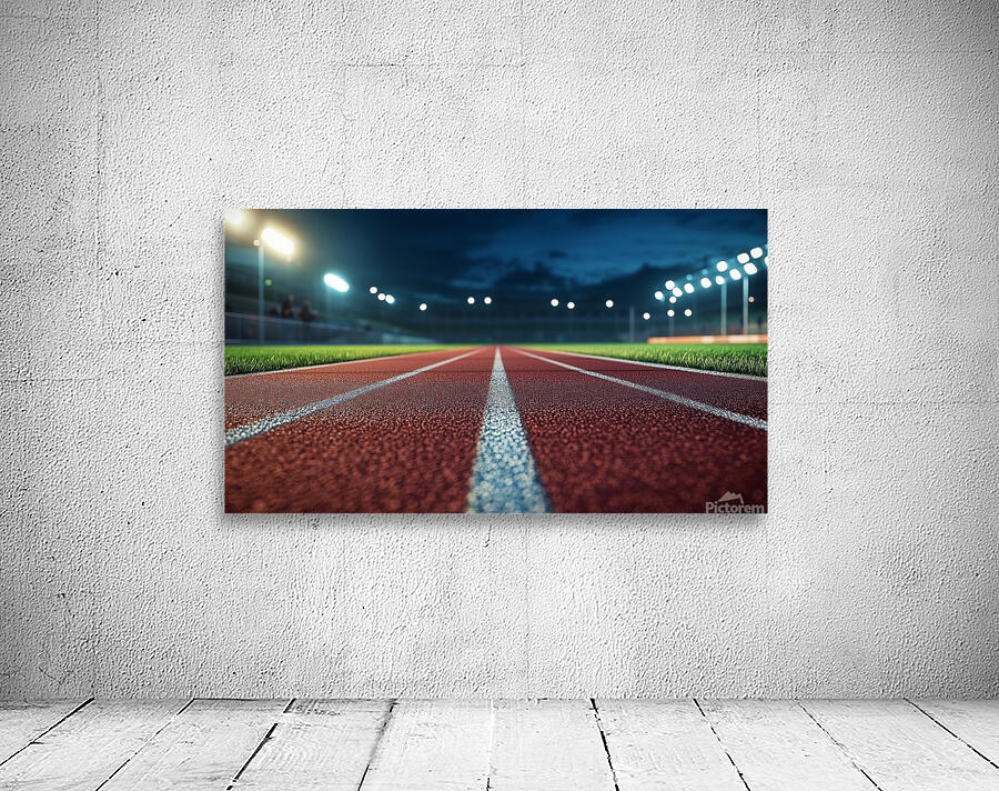 View of a well lit athletic track at night showcasing vibrant red surface and brightly illuminated surroundings Wall Preview