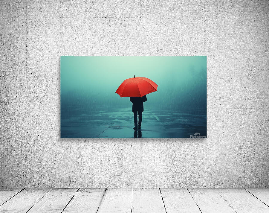 Person under a red umbrella stands alone in heavy rain on a foggy street during a gloomy day Wall Preview