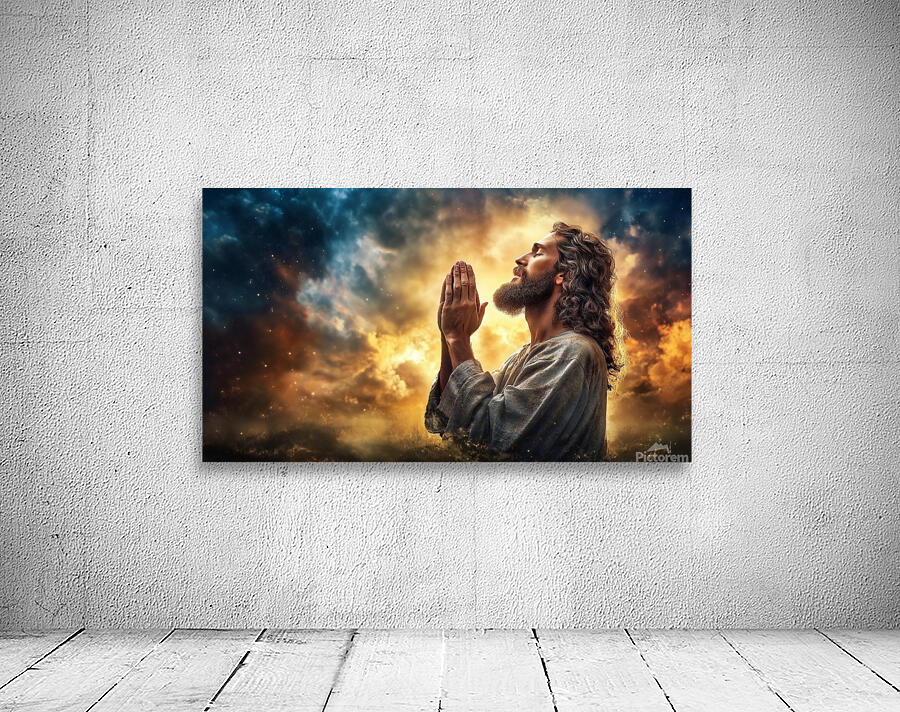 Jesus Christ in prayer with hands clasped in devotion against a dramatic sky backdrop Wall Preview