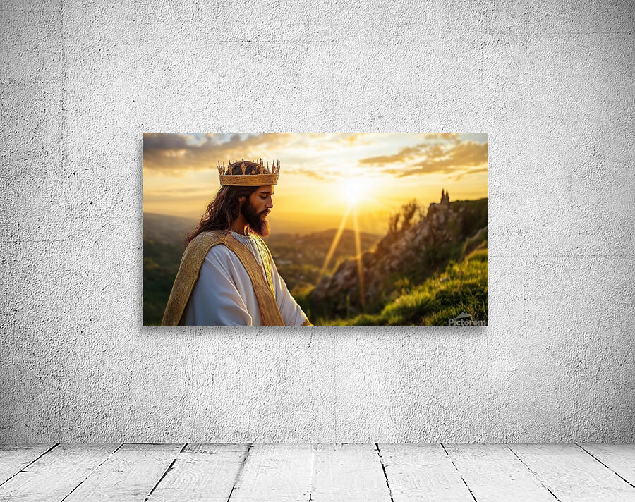 Jesus Christ in regal attire standing on a hill at sunset contemplating nature and spirituality Wall Preview