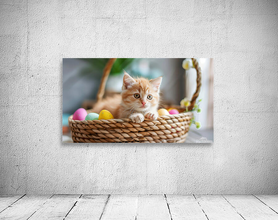 A cute kitten sits amidst Easter eggs in a basket. Wall Preview