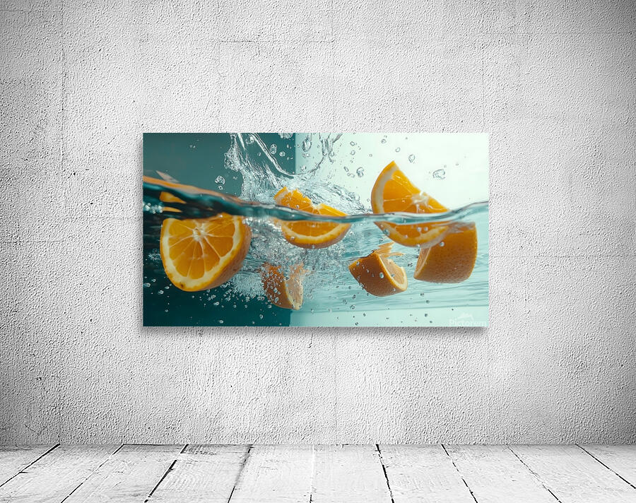 Fresh orange slices drop into clear water sending splashes and bubbles around. The vibrant fruit contrasts beautifully against the transparent liquid creating an enticing visual. Wall Preview