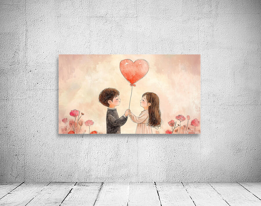 Children holding a heart balloon in a flower filled garden during a warm day Wall Preview