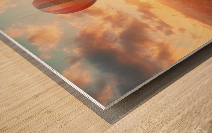 Colorful hot air balloon rises above grassy field with suitcase at sunset Wood print