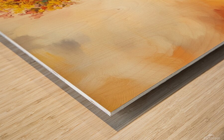 Creative expression of a woman with a floral and colorful head against a vibrant sky background during sunset Wood print