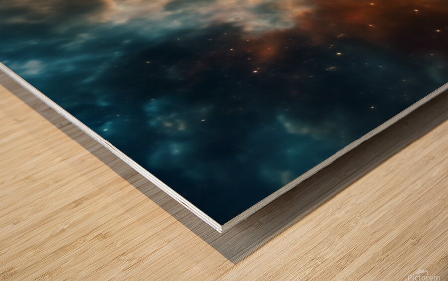 Jesus Christ in prayer with hands clasped in devotion against a dramatic sky backdrop Wood print