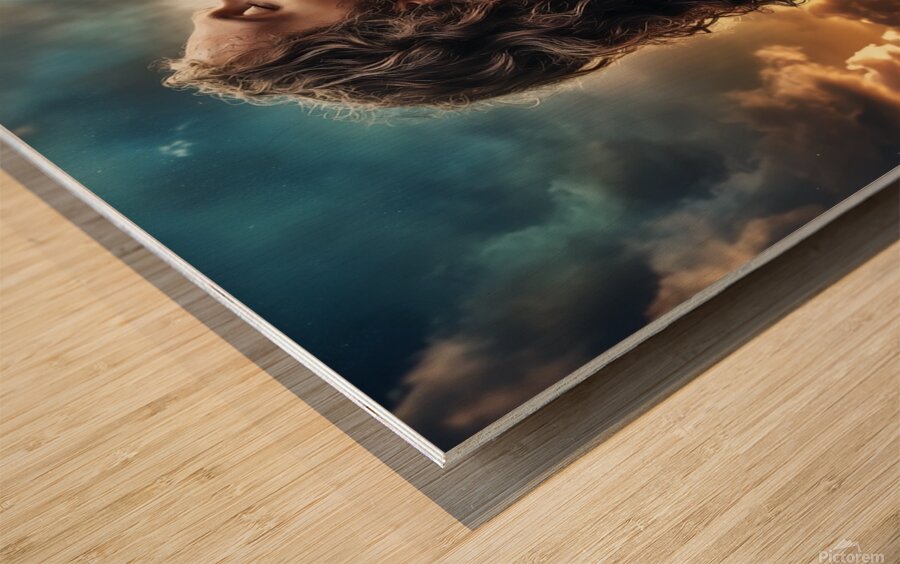 Spiritual reflection at sunset with Jesus Christ in prayer amidst dramatic clouds Wood print