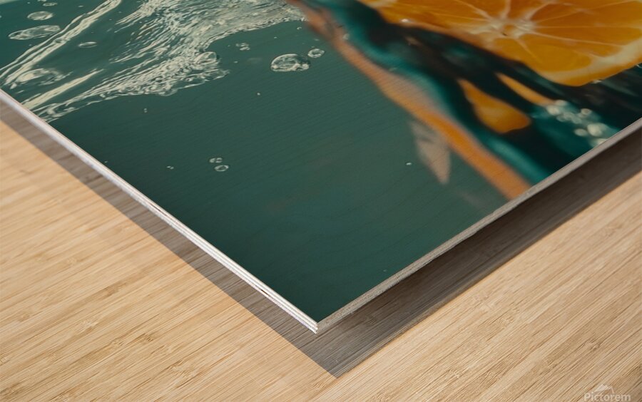 Fresh orange slices drop into clear water sending splashes and bubbles around. The vibrant fruit contrasts beautifully against the transparent liquid creating an enticing visual. Wood print