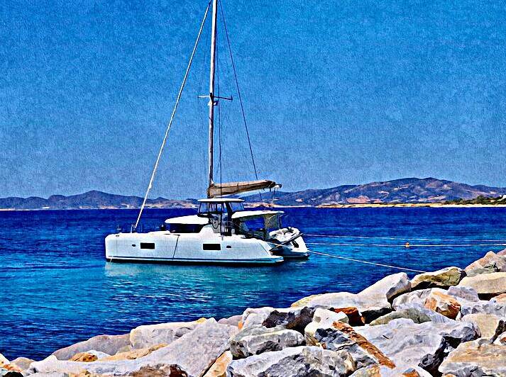 Catamaran Sailboat at Paros Island by A K Mits Imagery