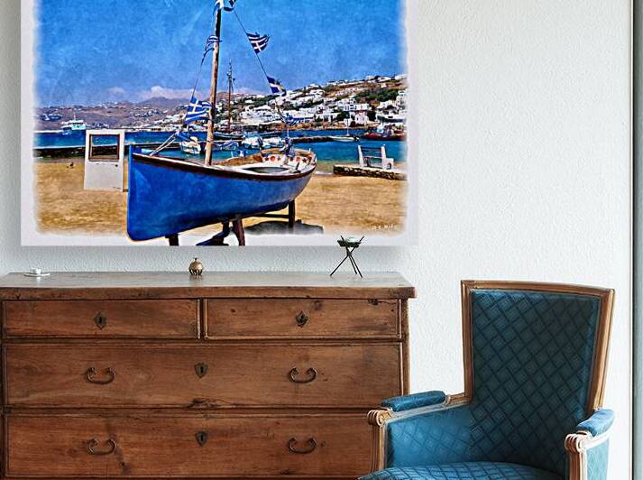 Mykonos Symbolized With a Blue Boat and Greek Flags  by A K Mits Imagery