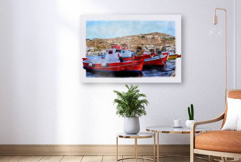 Red and White Traditional Wooden Greek Fishing Boats in Mykonos by A K Mits Imagery