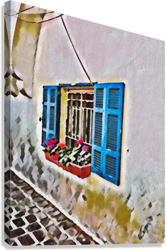 Mediterranean Serenity: Blue Window with Geraniums Canvas Print