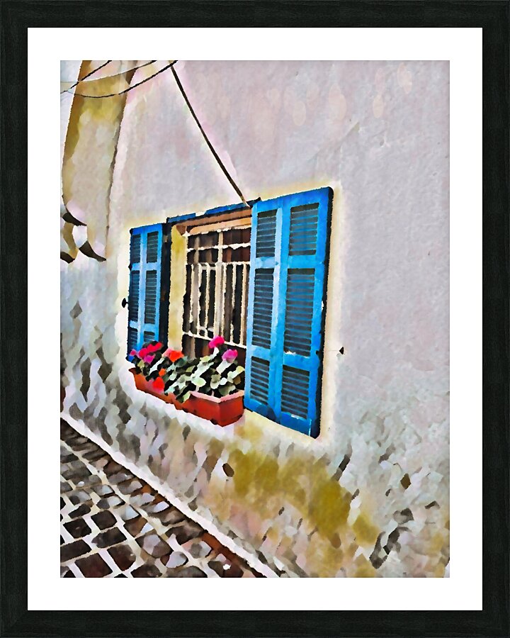Mediterranean Serenity: Blue Window with Geraniums Picture Frame print