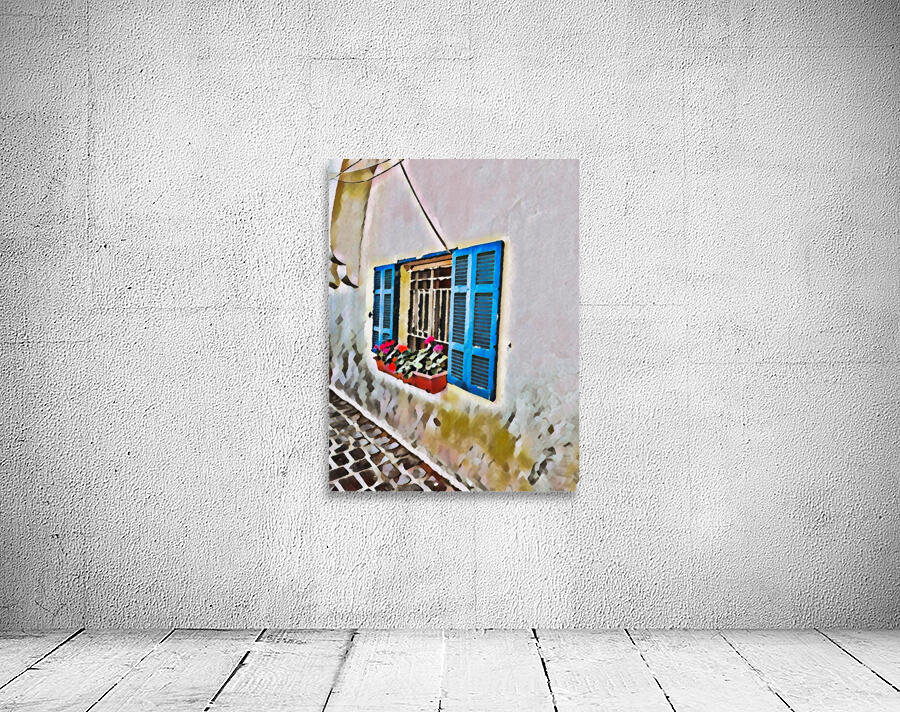 Mediterranean Serenity: Blue Window with Geraniums Wall Preview