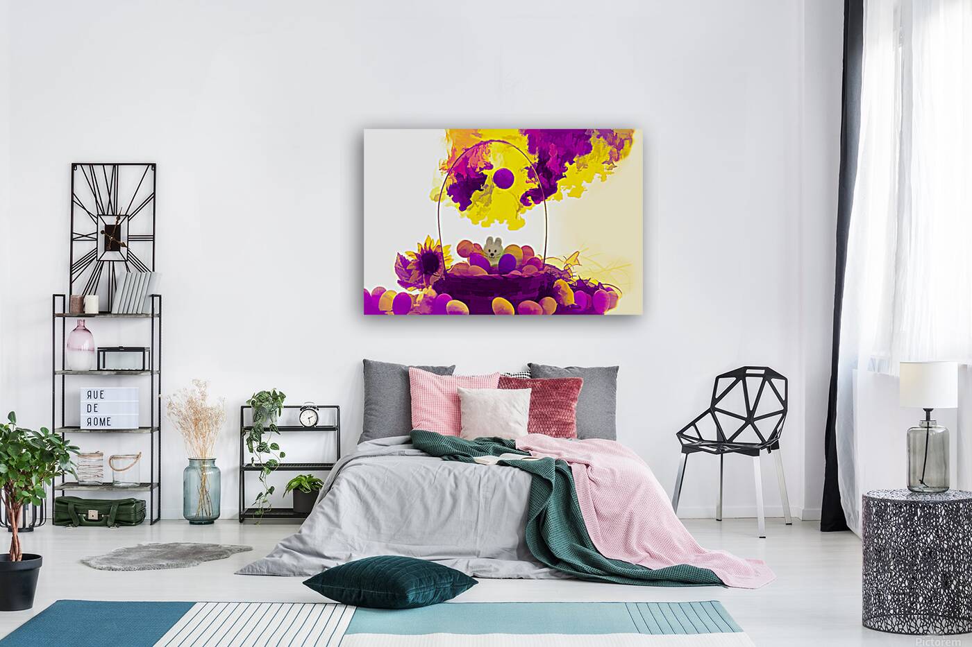 Artistic Easter basket white bunny in middle    paintography Reproduction