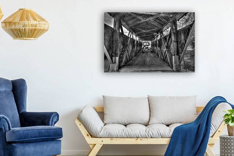 Composite antique car crossing old covered bridge by Daniel L Friend