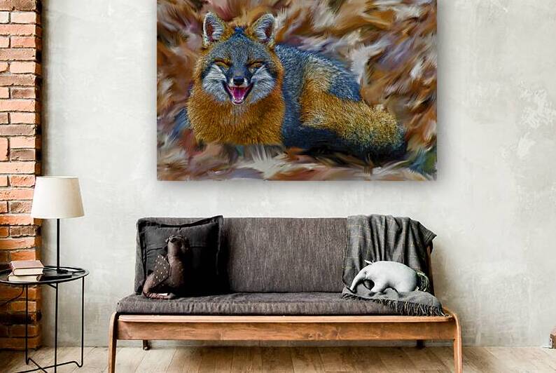 Gray fox in leaves in Fall by Daniel L Friend