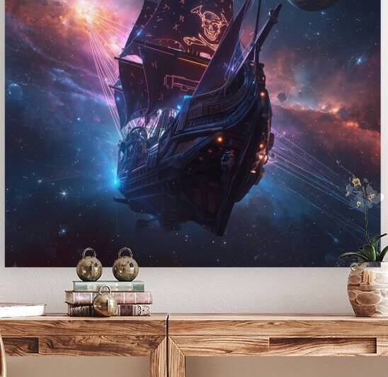  Cosmic Pirate Ship – Futuristic Space Voyage Digital Art Print by DJILO