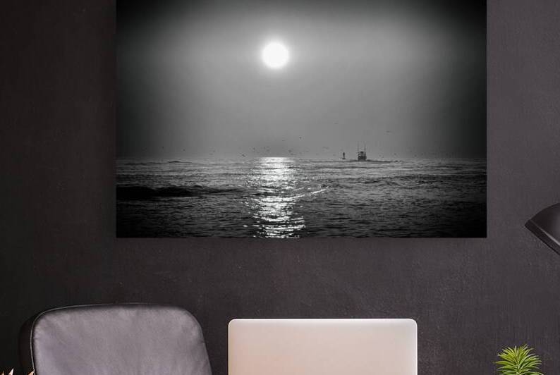 Inlet Sunrise with Birds and a Boat in Black and White by Bill Swartwout Photography