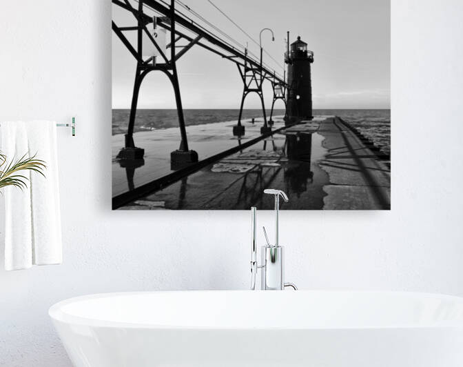 South Haven Pierhead Light Reflection Black and White by Bill Swartwout Photography