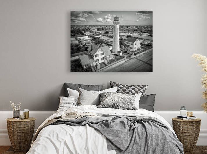 Fenwick Island Lighthouse Aerial View Black and White by Bill Swartwout Photography
