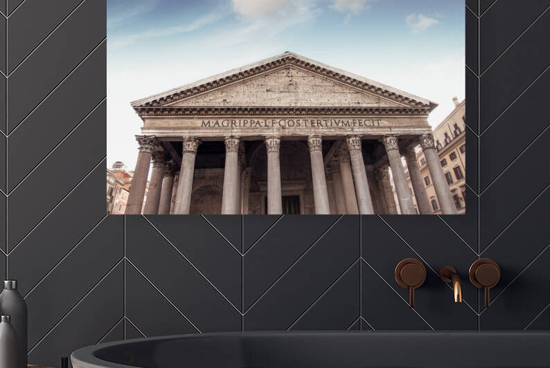 Pantheon in Rome Italy stands proudly under a beautiful blue sky. by IB Photography