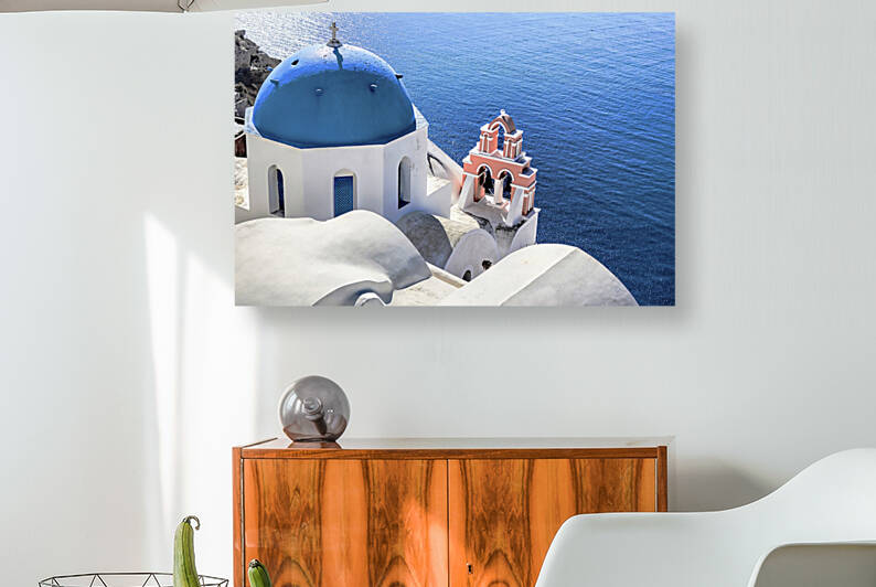 Blue-domed church and the Aegean Sea in Santorini Greece. by IB Photography