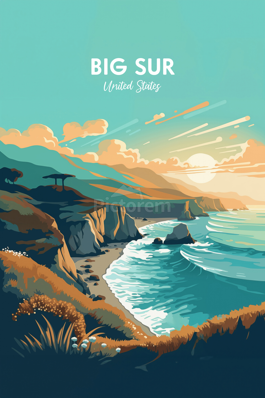 Big Sur California Retro Art Print Big Sur Beach Print Big Sur