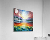 A stunning landscape painting of a serene lake surrounded by lush forests and majestic mountains Acrylic Print