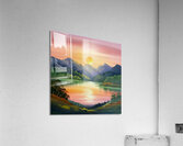 A stunning landscape scene with a vibrant sunset over a serene lake surrounded by towering mountains Acrylic Print