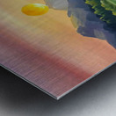 A stunning landscape scene with a vibrant sunset over a serene lake surrounded by towering mountains Metal print