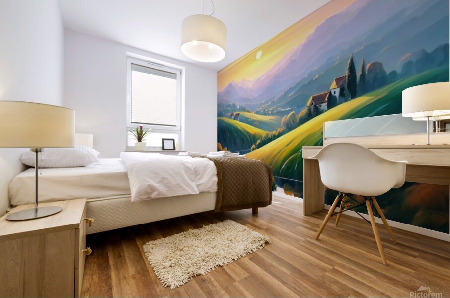 A stunning landscape with a vibrant sunset over rolling hills and valleys Mural print