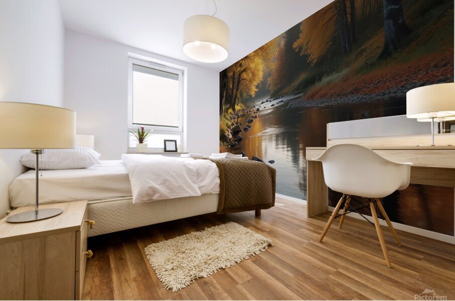 Calm River Flowing Through an Autumn Forest amazing serene landscape Mural print