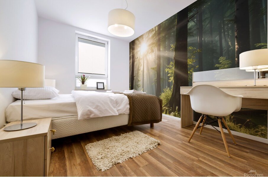 Sunlight Filtering Through Forest Trees amazing serene landscape Mural print